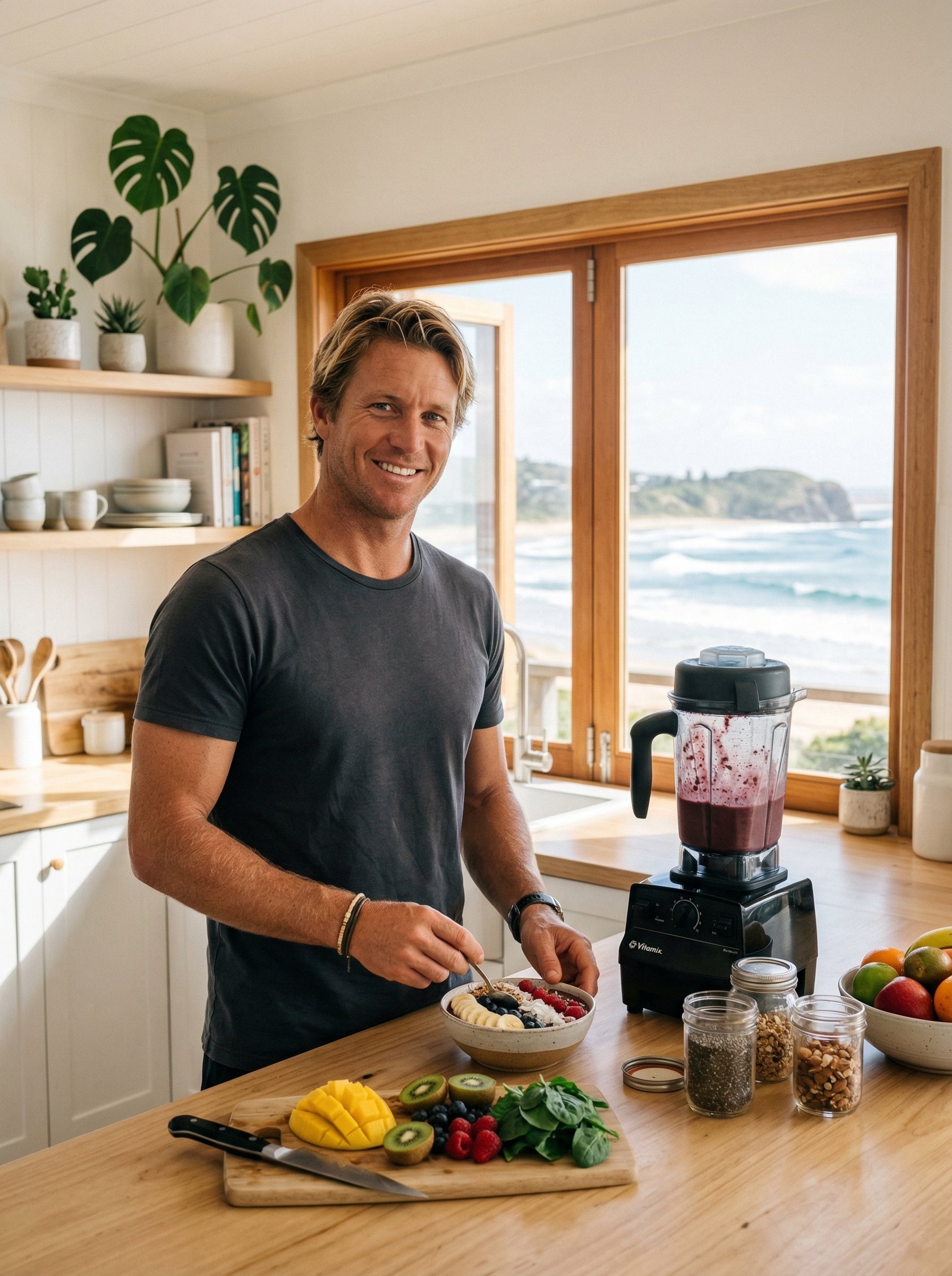 Surfer preparing a performance nutrition meal in a bright coastal kitchen