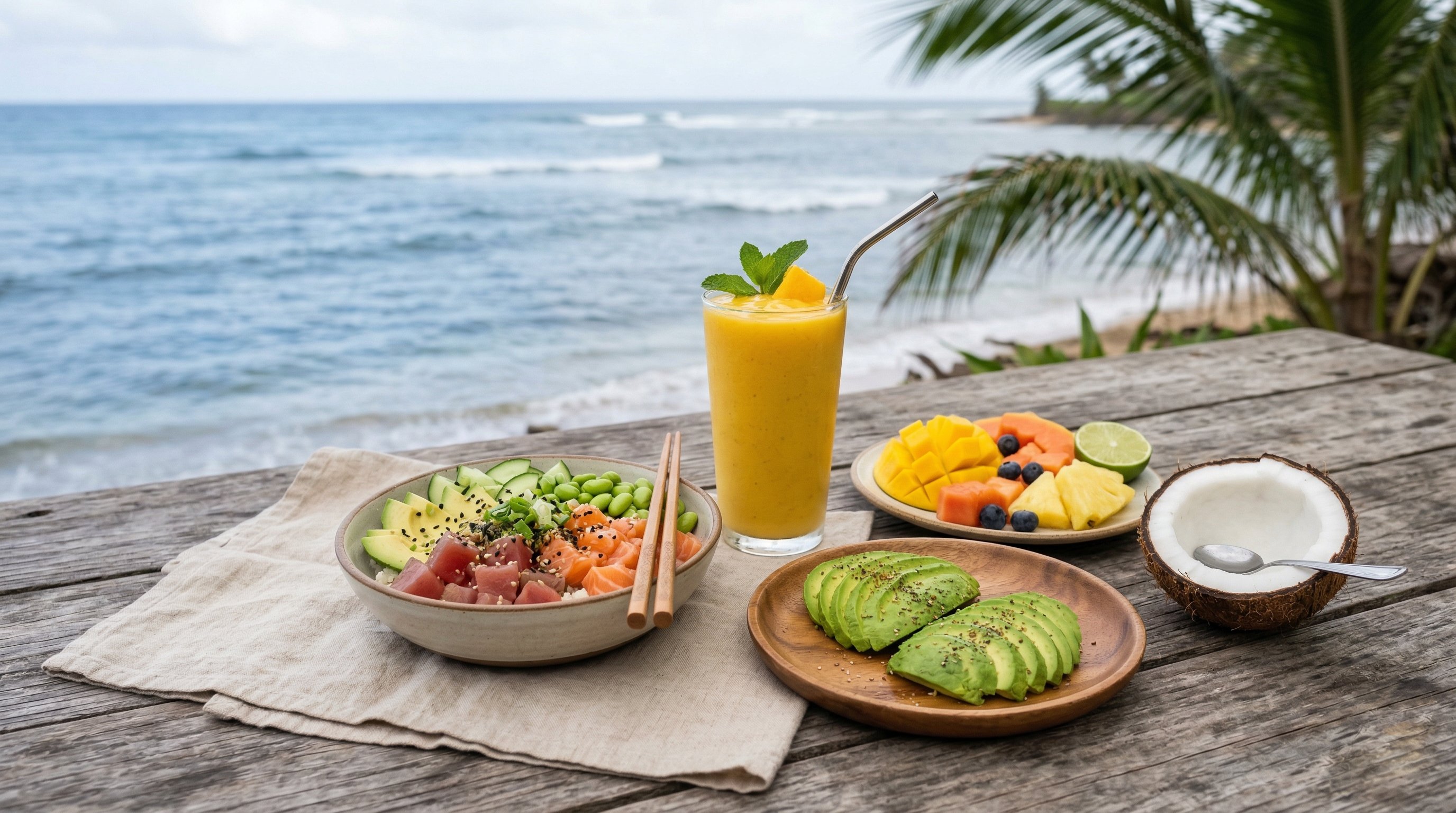A beach spread with fruit and snacks that can sit beside a small bag of nuts