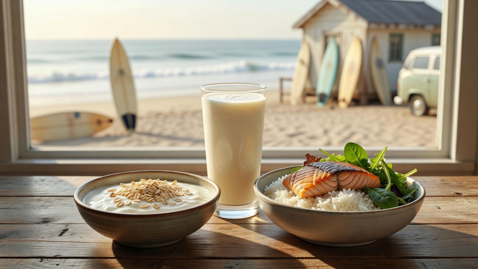 A recovery shake next to yogurt and a salmon rice bowl