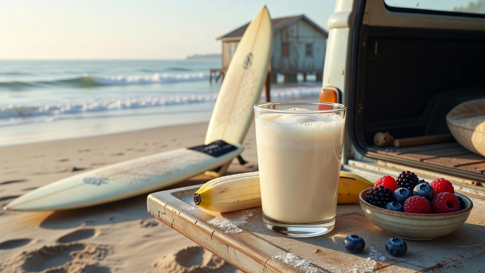 A protein shake with banana and berries on a surf van tailgate