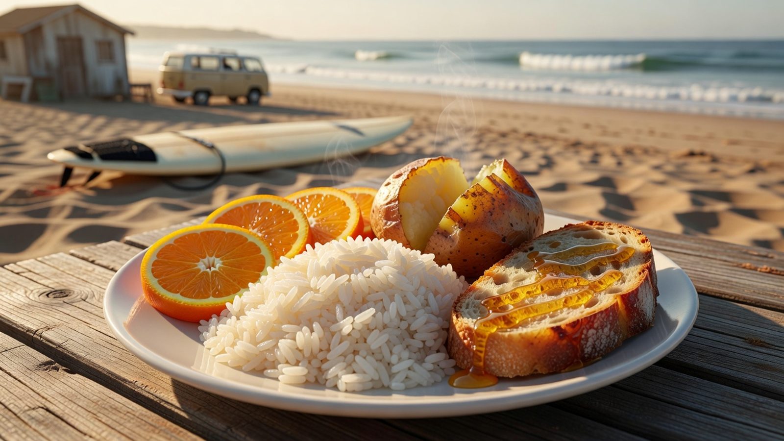A carb-heavy plate of rice, potato, bread, and fruit by the ocean