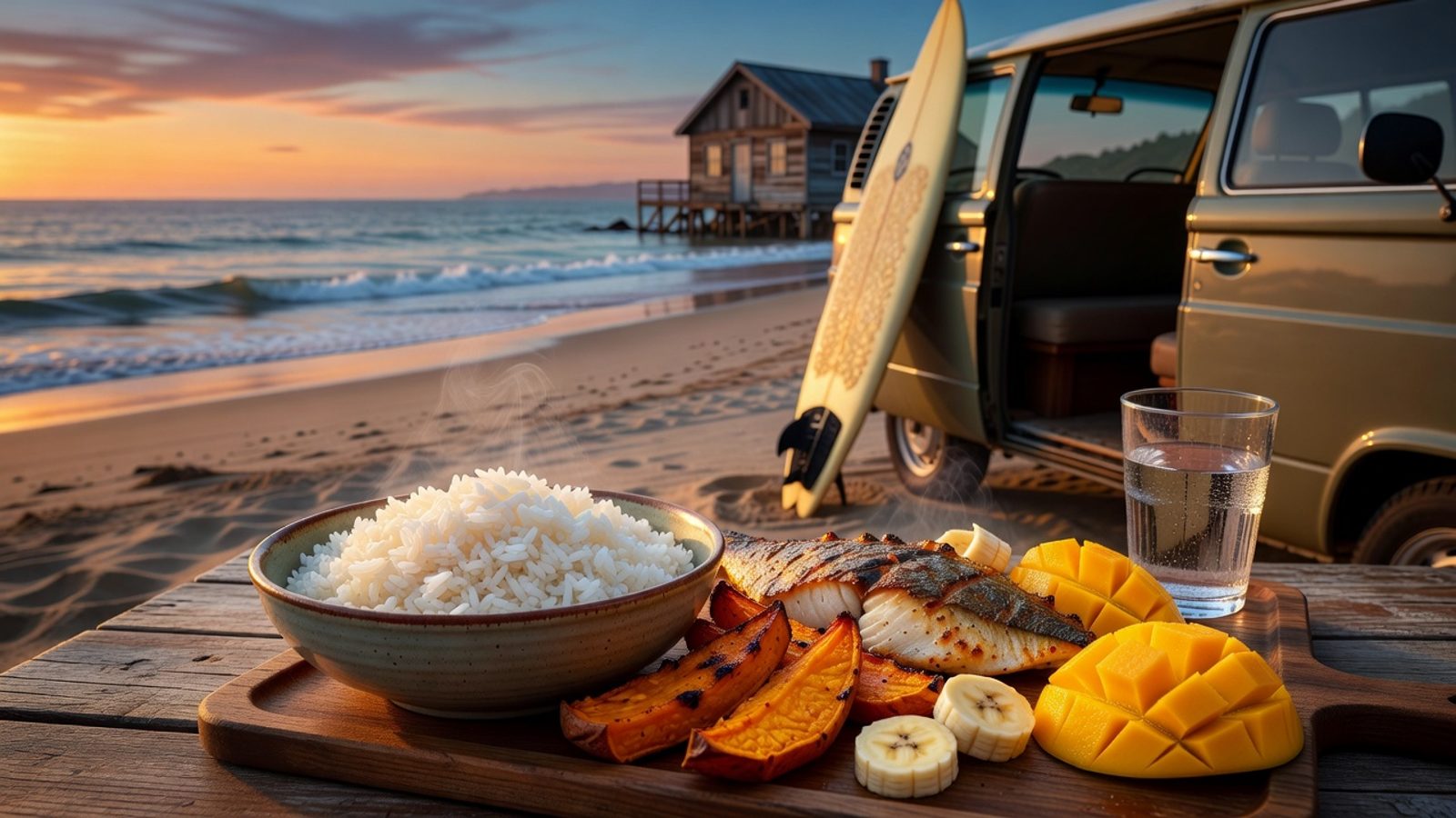 Rice, sweet potato, fish, and fruit set out in a surf van before a trip