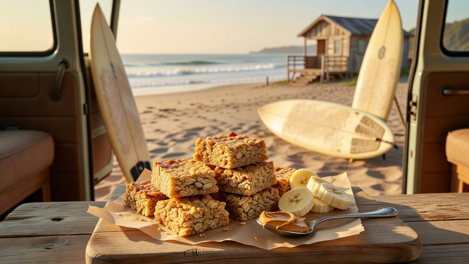 Homemade oat bars on a board in a surf van by the beach