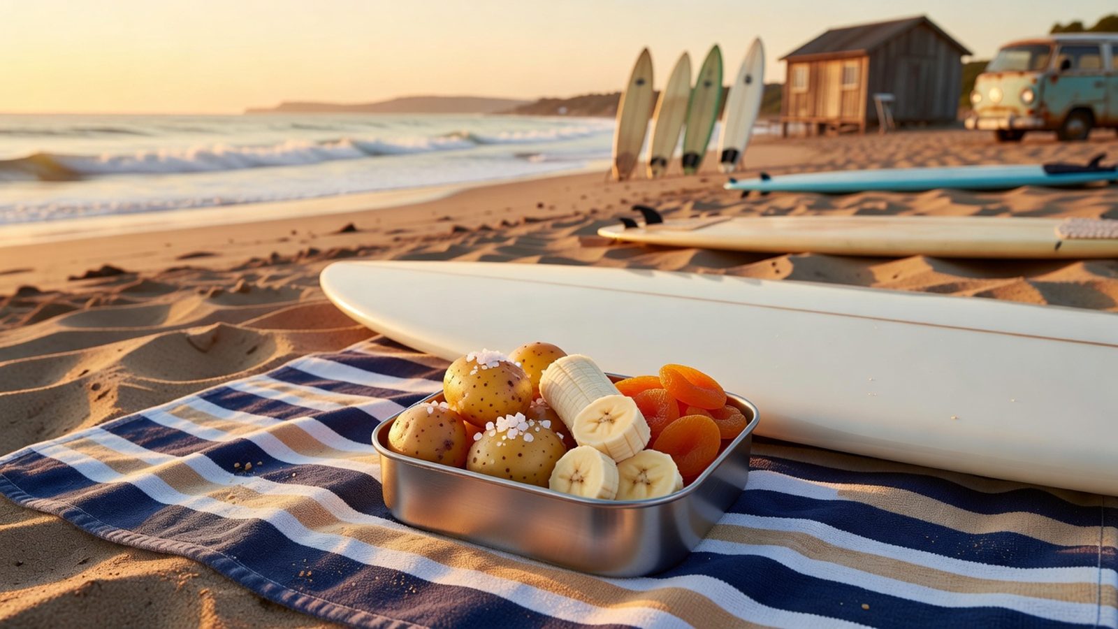 Potatoes, banana, and dried apricots packed for a surf session