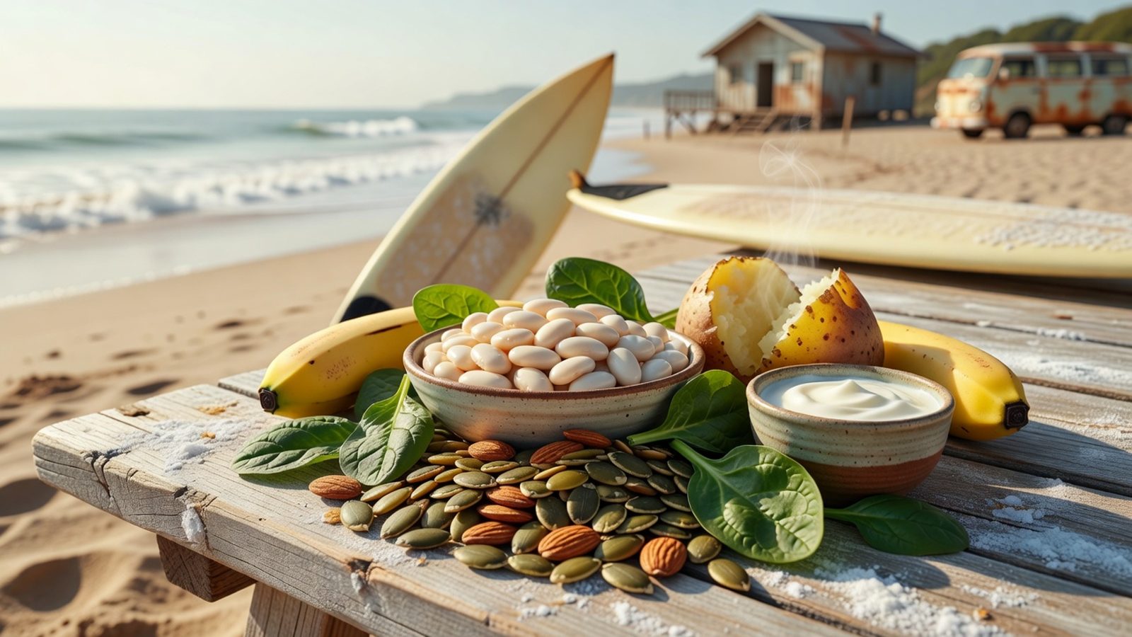 Nuts, beans, spinach, banana, potato, and yogurt arranged by the beach