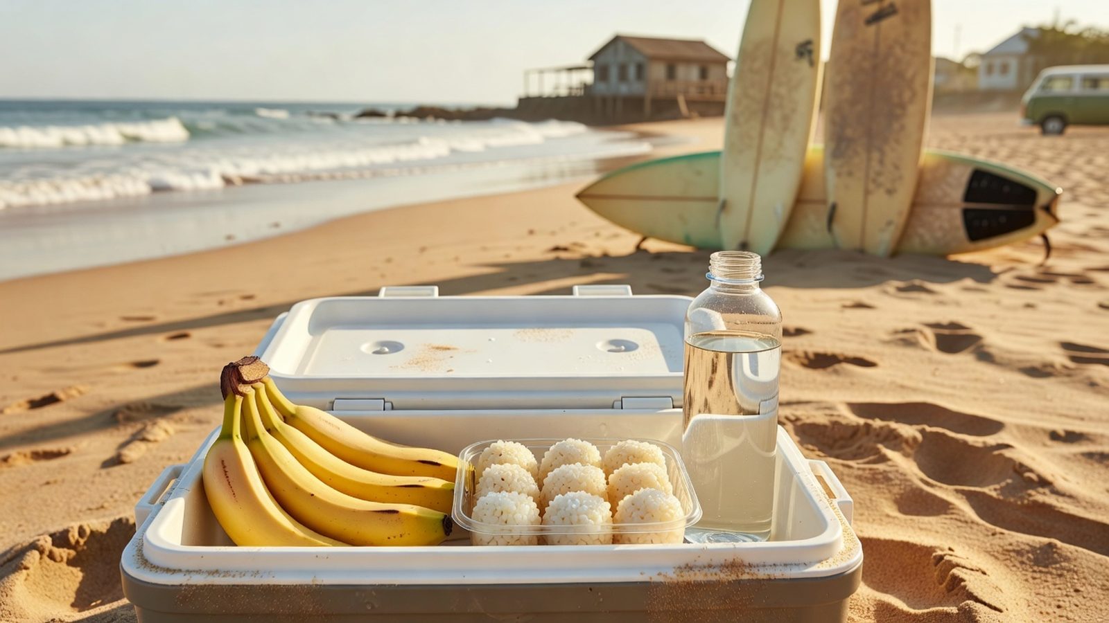 A beach cooler with bananas, rice balls, and water beside surfboards