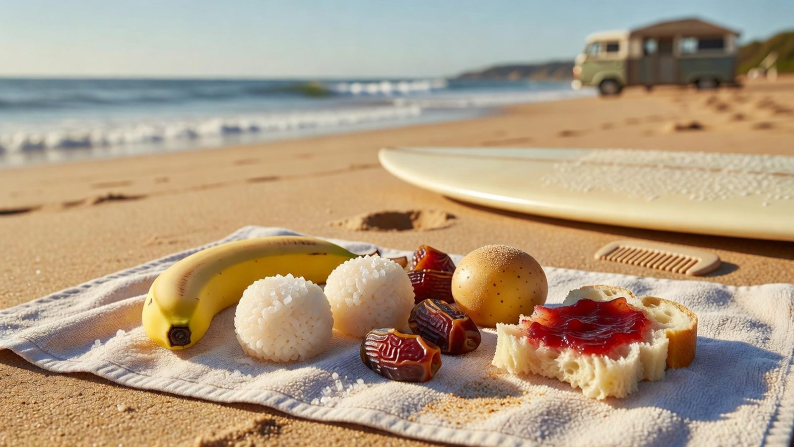 Banana, rice balls, dates, potato, and bread packed on a beach towel