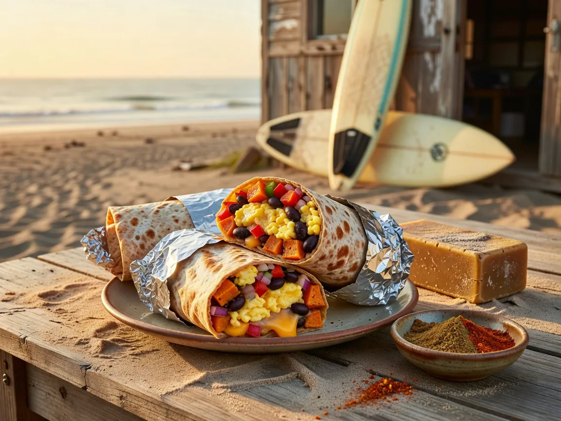 Breakfast burrito cut in half, filled with eggs, black beans, and vegetables