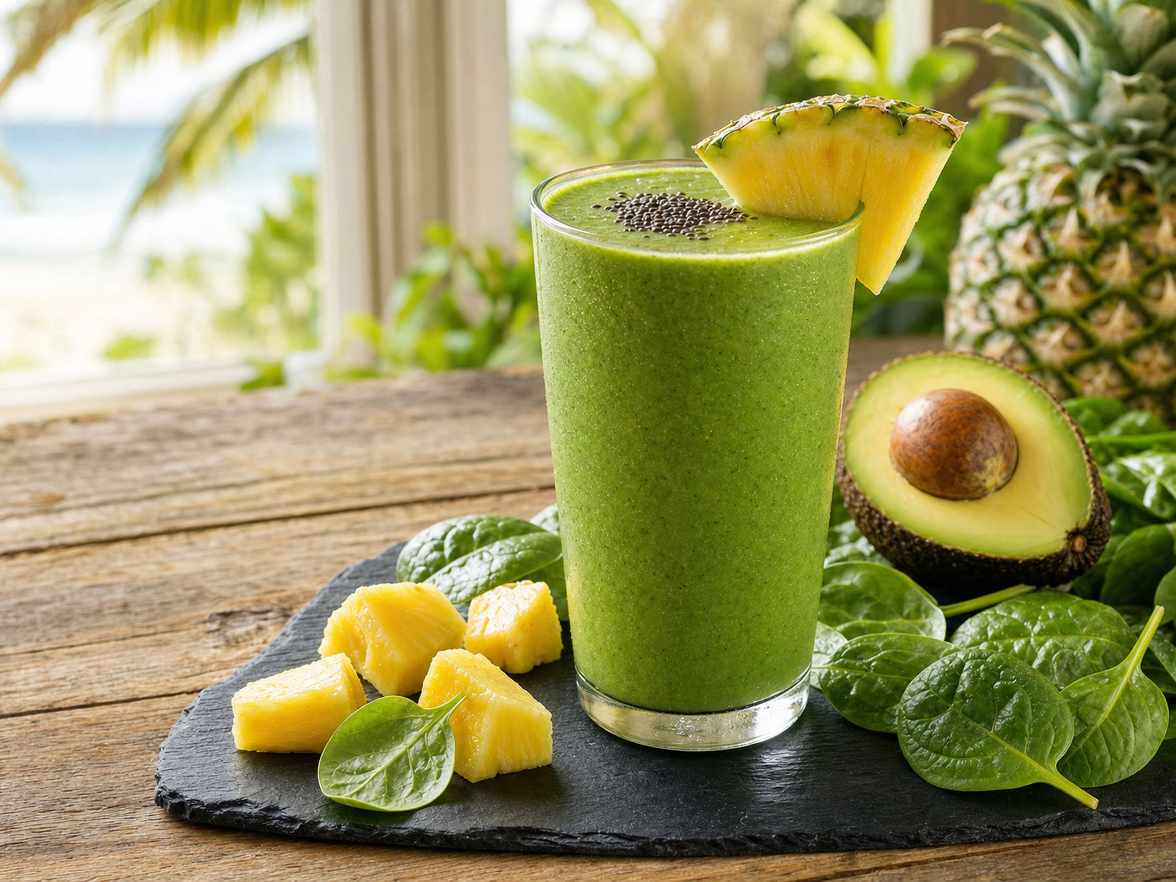 Green recovery smoothie in a glass, a portable post-surf protein shake
