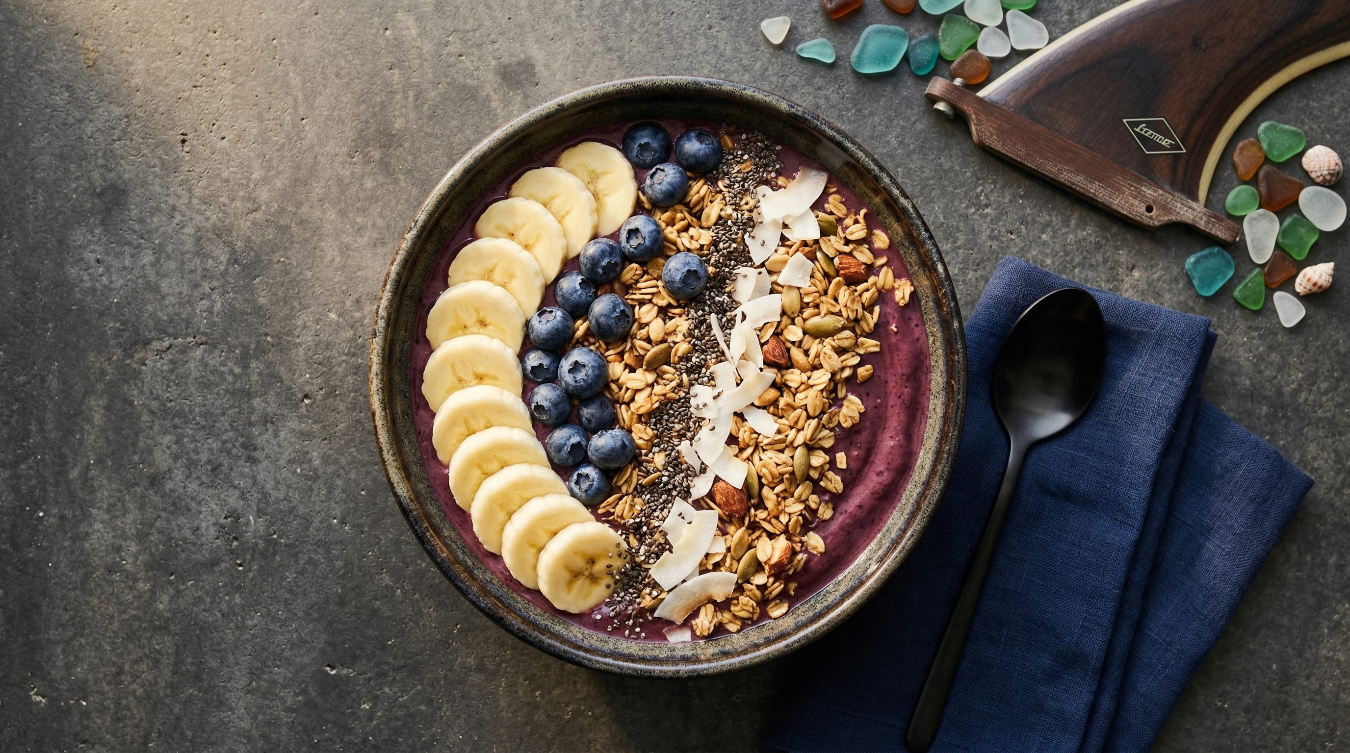 A surf-day bowl that covers carbohydrate, protein, and produce in one plate
