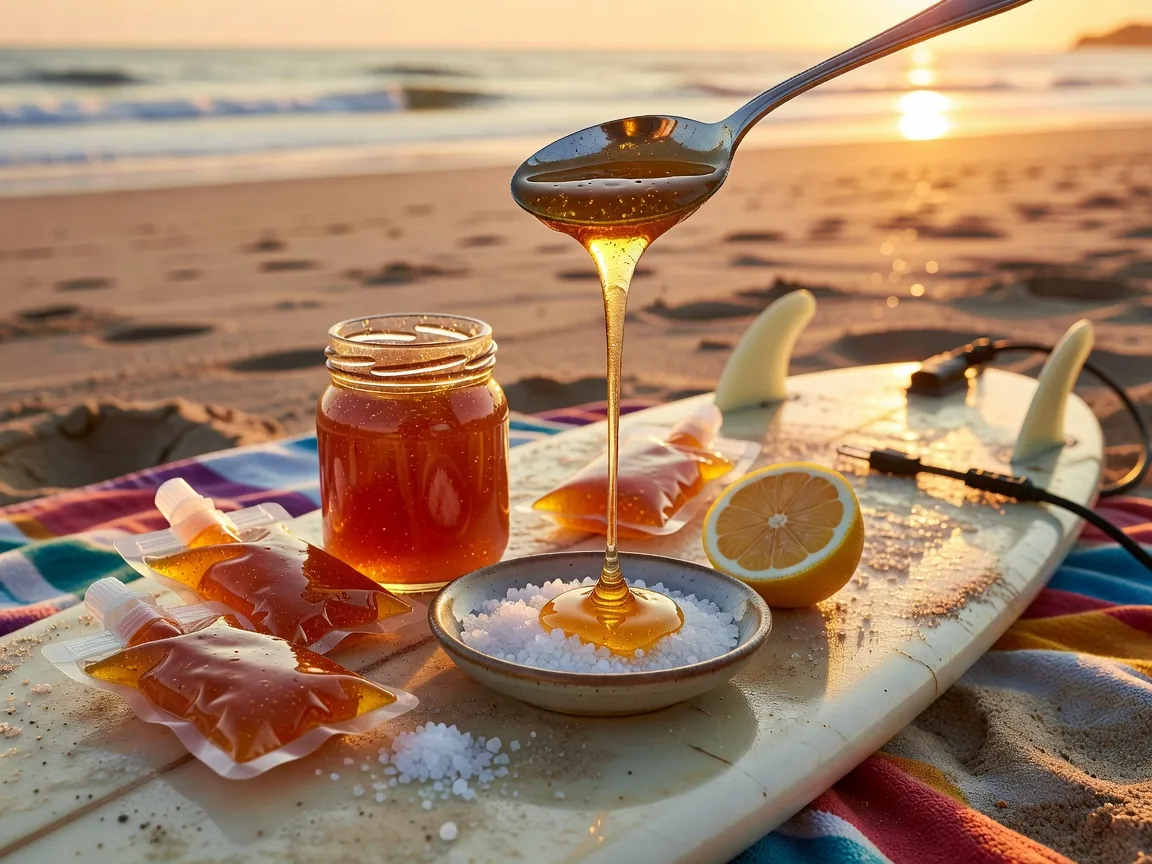 Homemade honey and maple energy gel in small glass jars