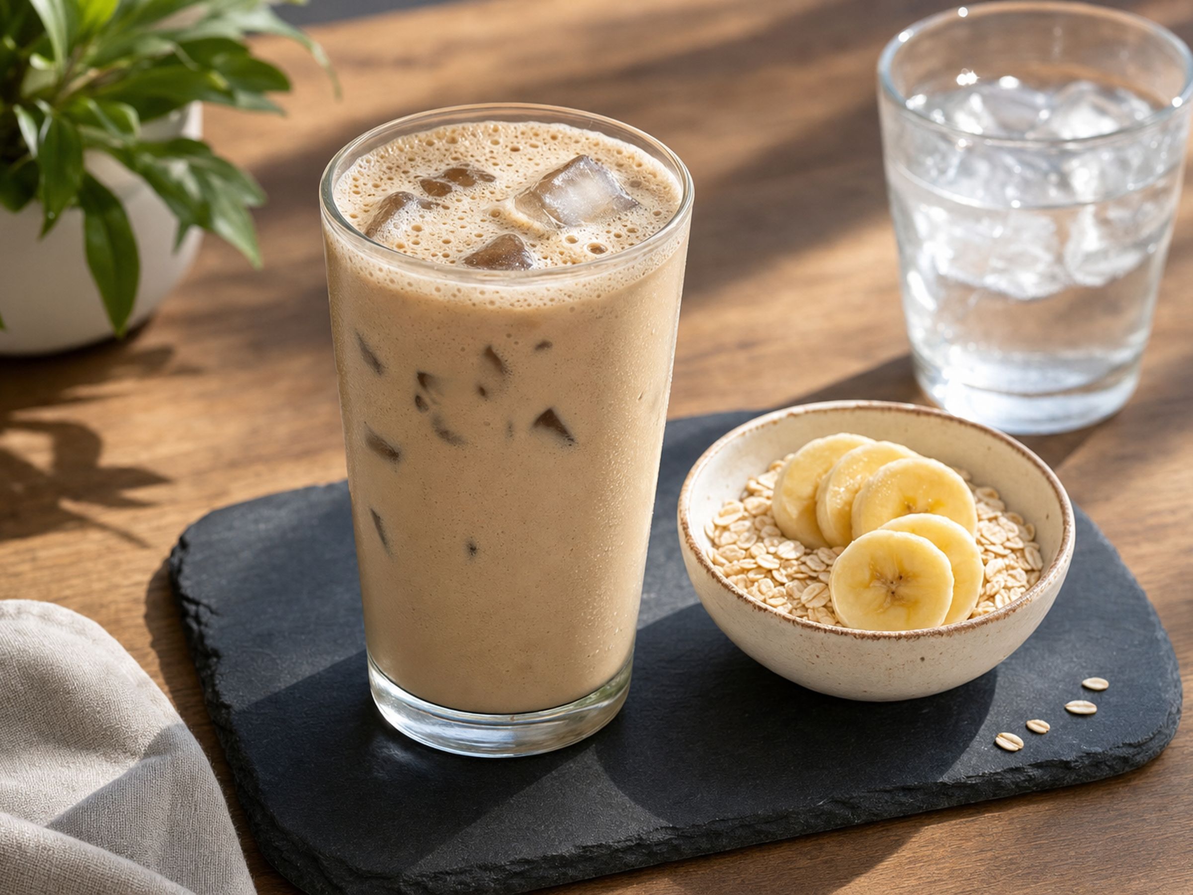 Iced coffee protein shake blended with banana and oats