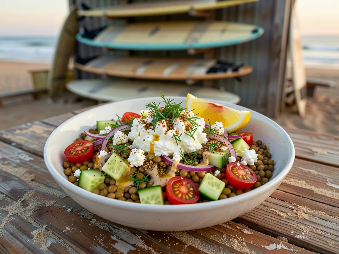 Bowl of lentils, cottage cheese, cherry tomatoes, cucumber, and herbs
