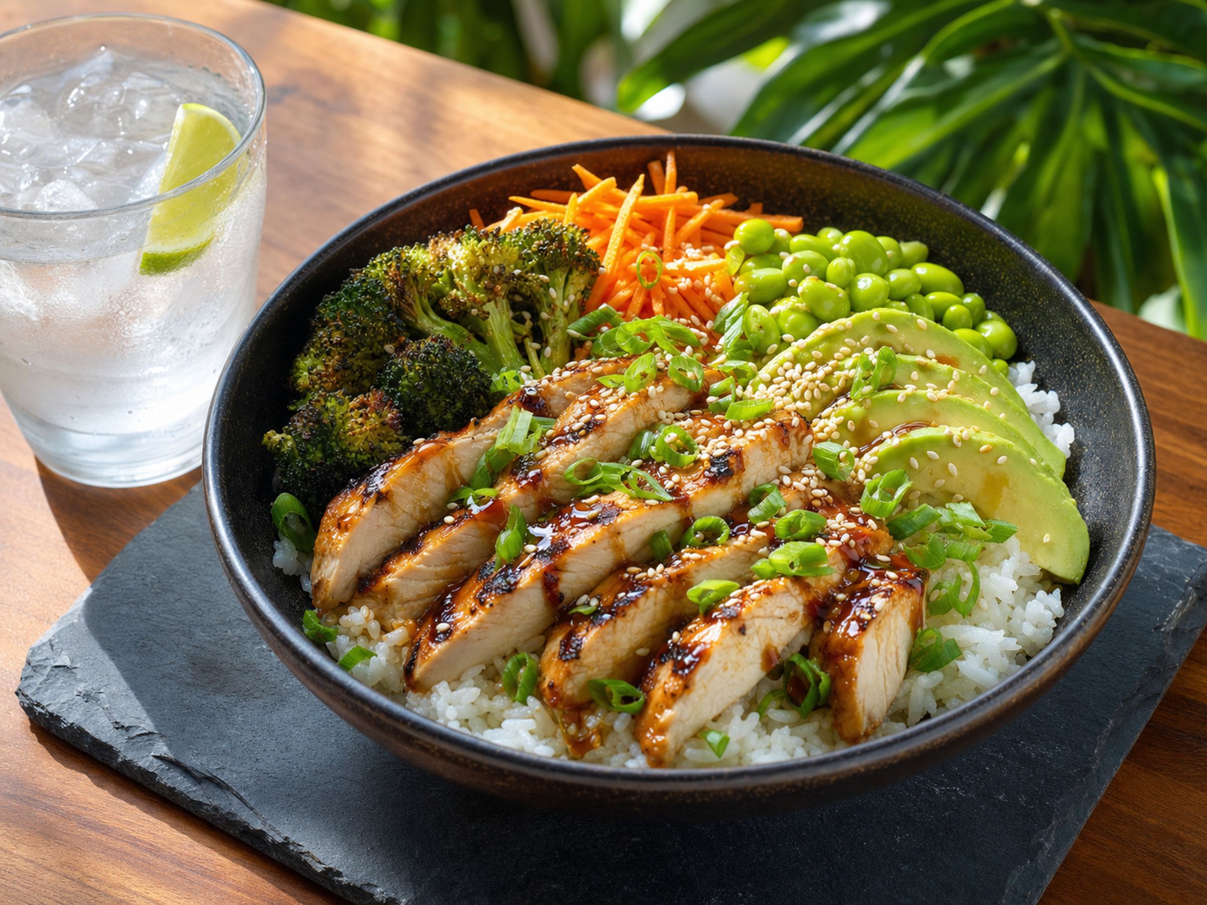 Teriyaki chicken recovery rice bowl with grilled chicken, jasmine rice, broccoli, edamame, carrots, and avocado