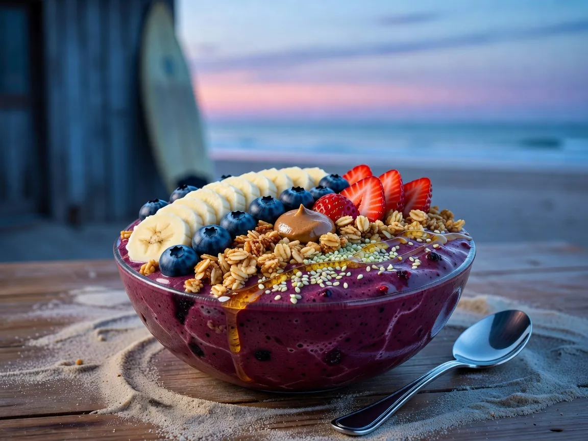 Smoothie bowl topped with banana slices, blueberries, strawberries, and seeds