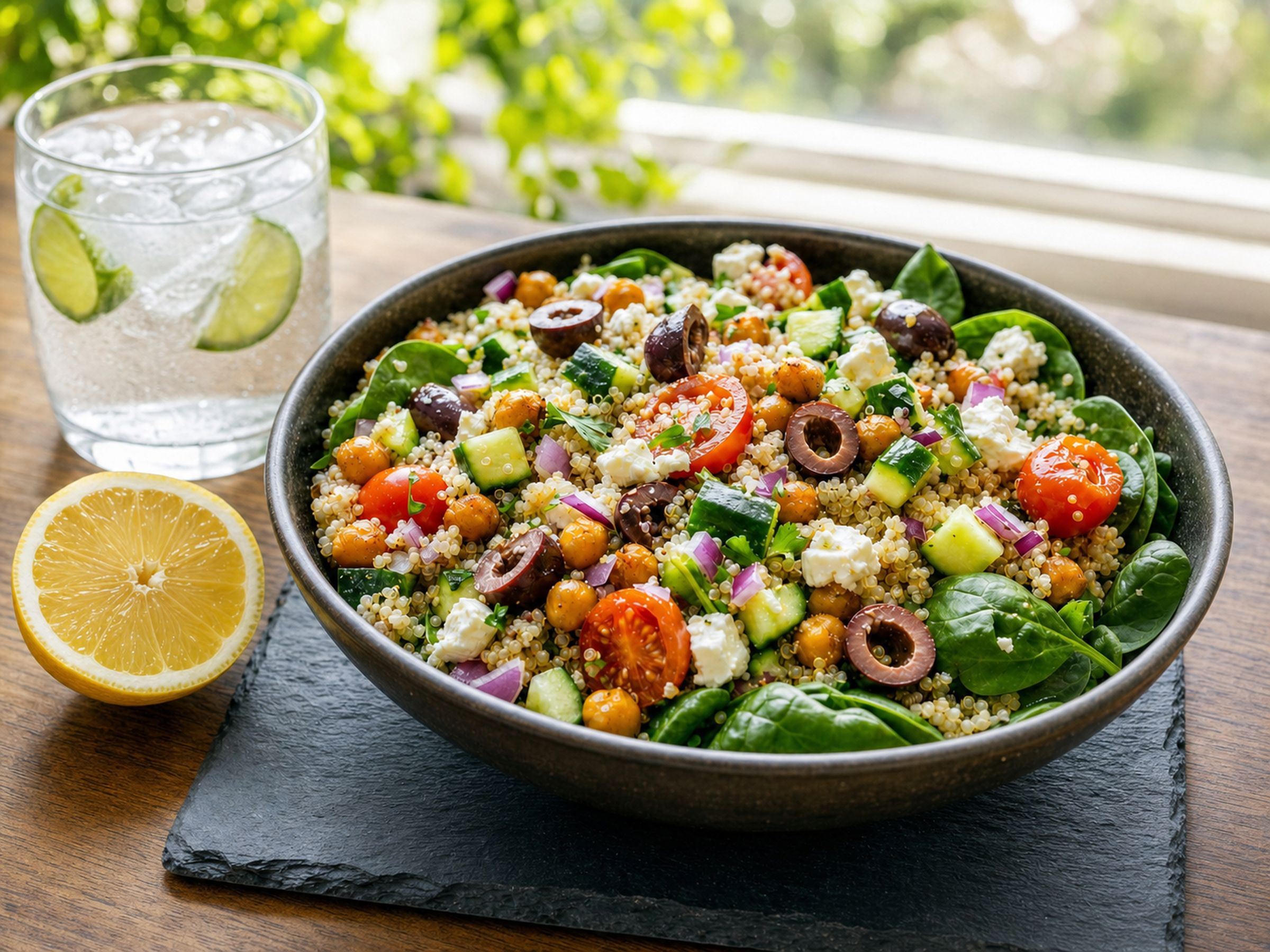 Mediterranean quinoa power salad with vegetables, chickpeas, and feta
