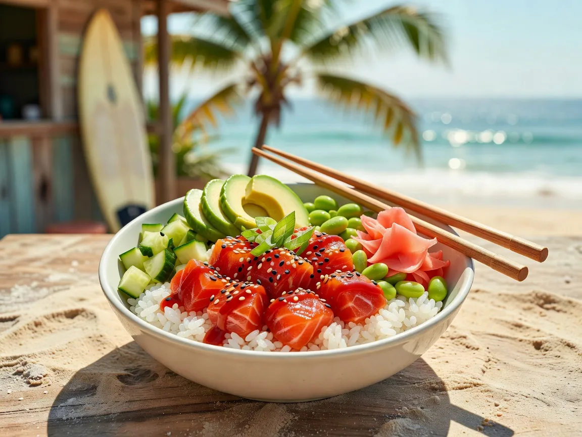 Salmon poke bowl with rice, avocado, edamame, and cucumber