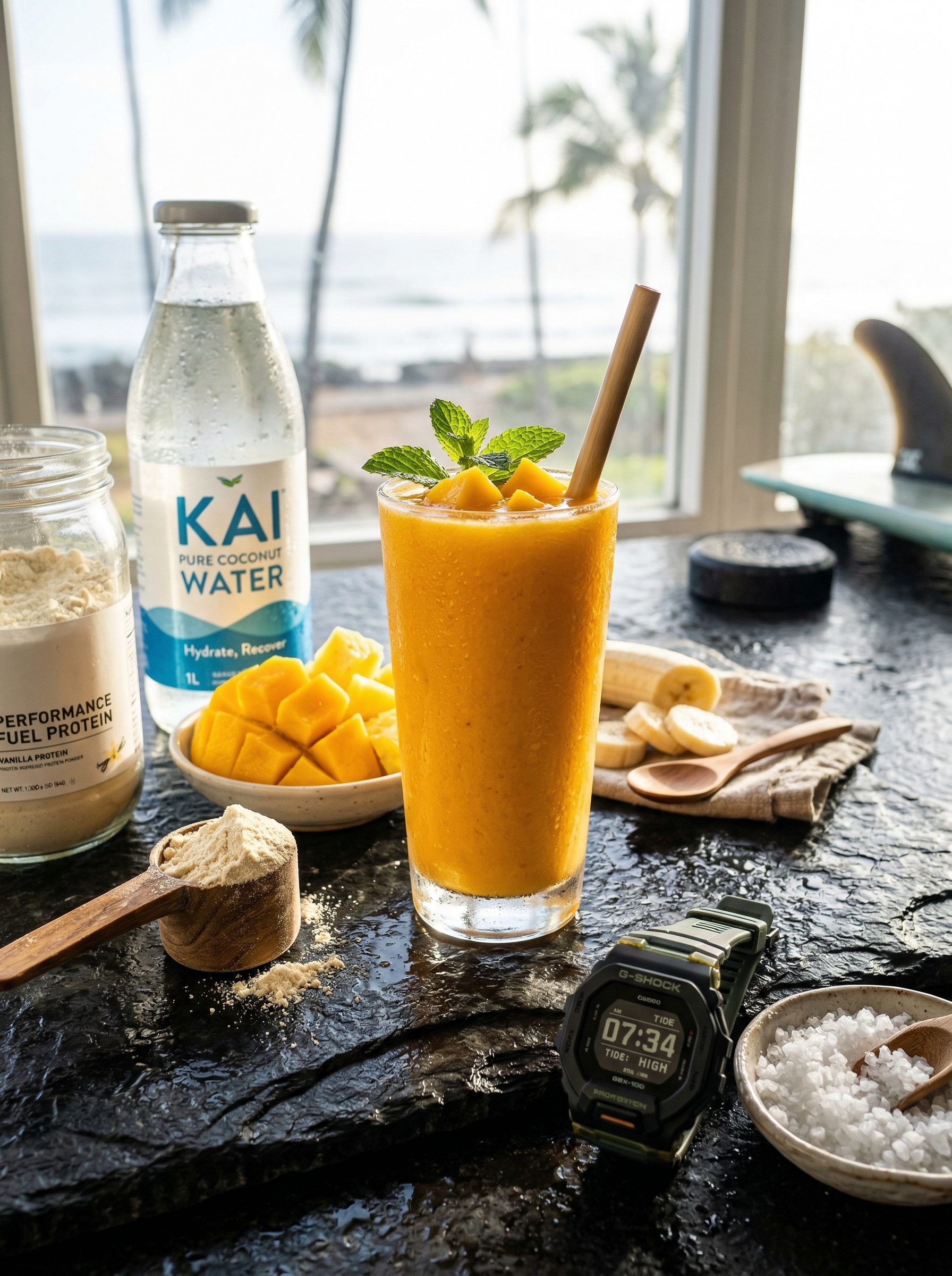 Tropical performance smoothie with mango, pineapple, and coconut water