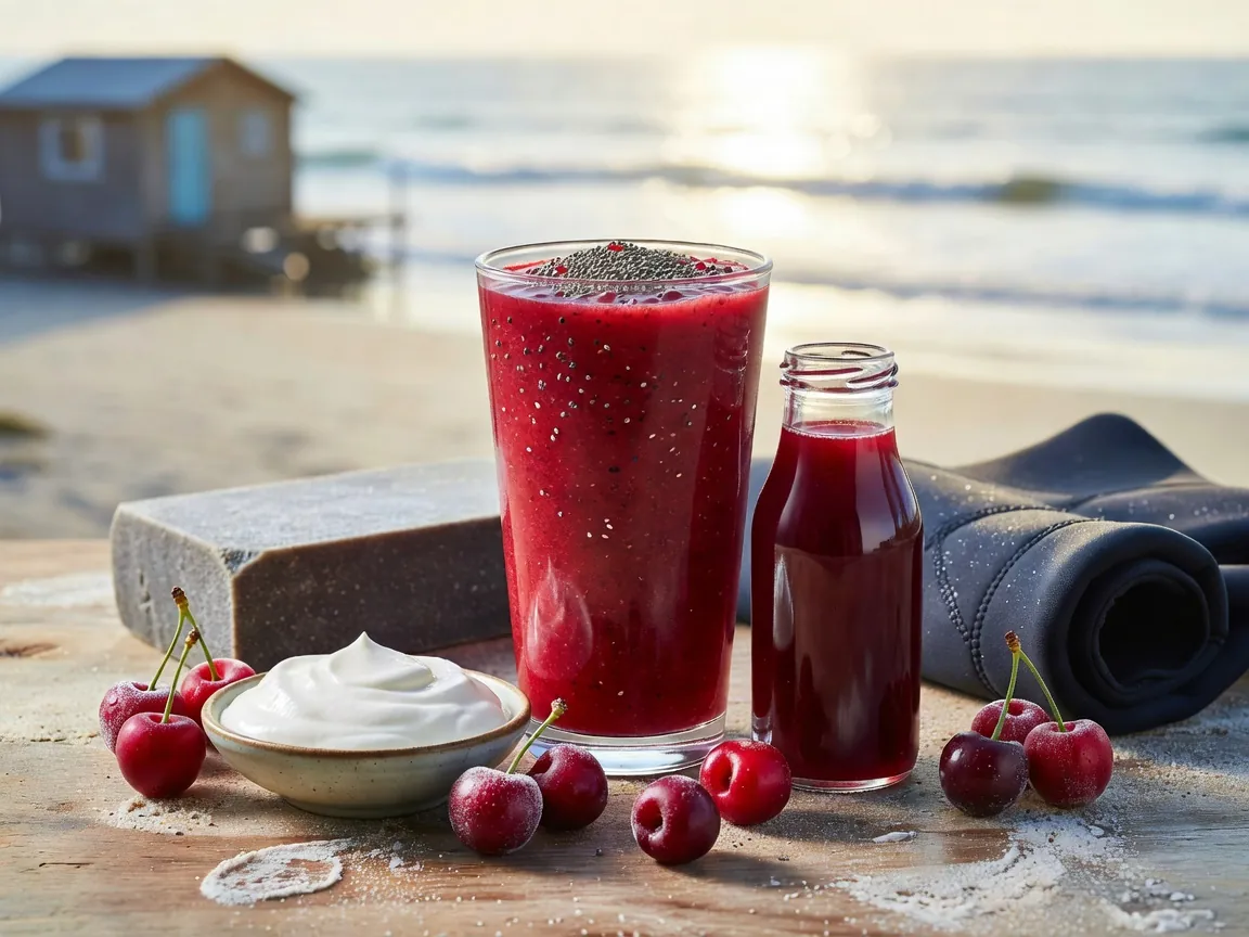 Tart cherry smoothie in a glass beside a bowl of frozen cherries