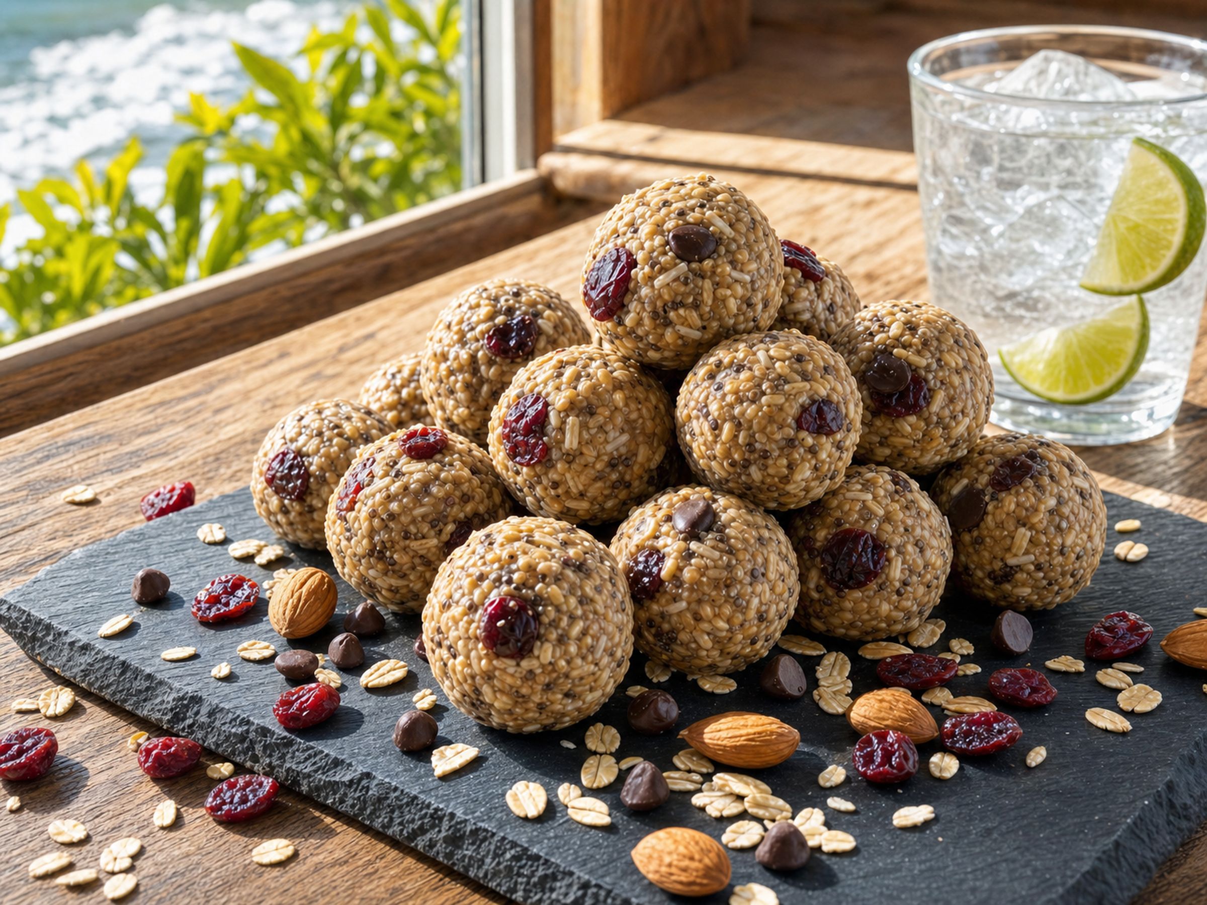No-bake energy bites with nuts, oats, and seeds packed as portable surf fuel