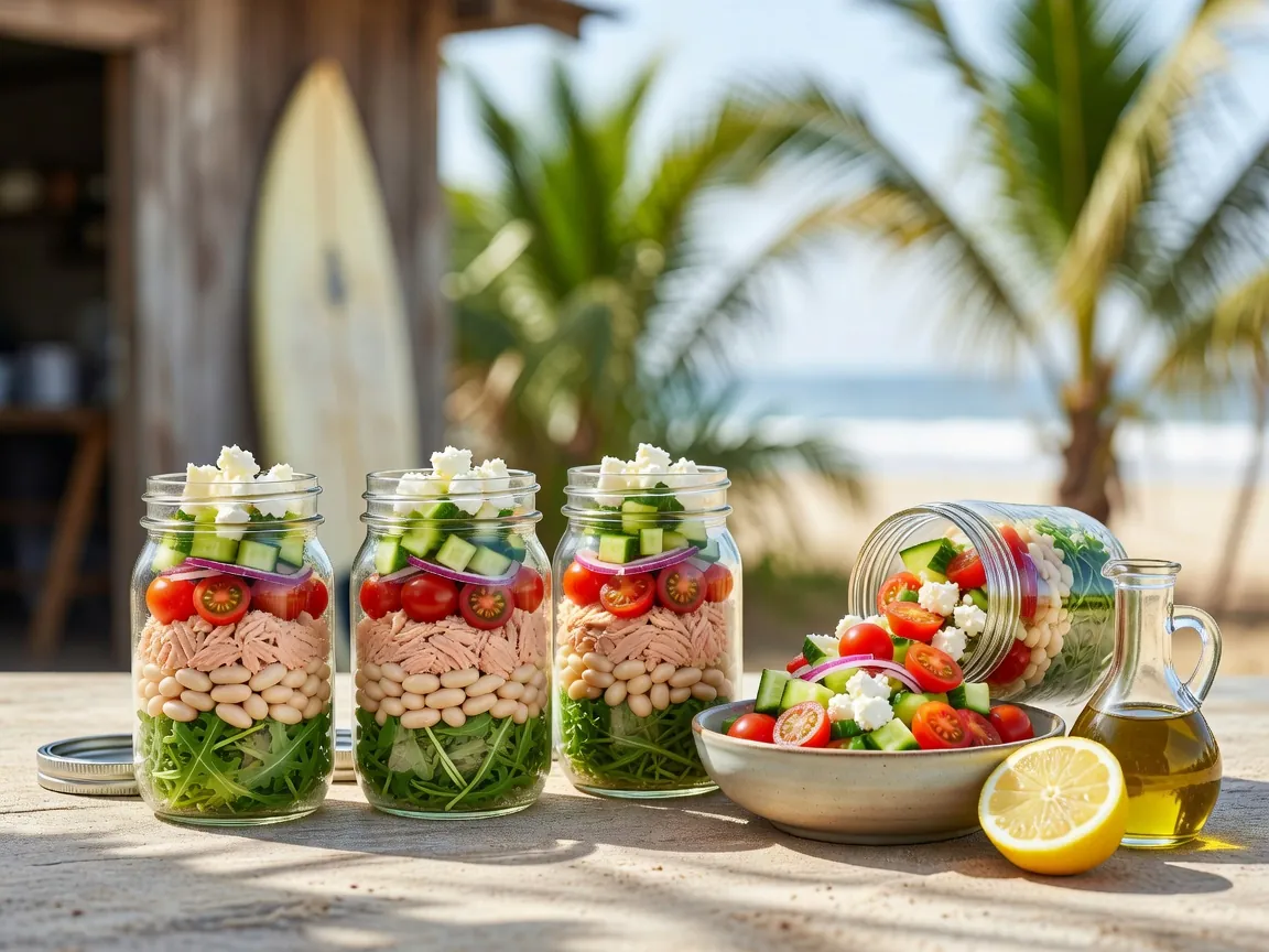 Glass jar of tuna and white bean salad with cherry tomatoes, cucumber, and herbs