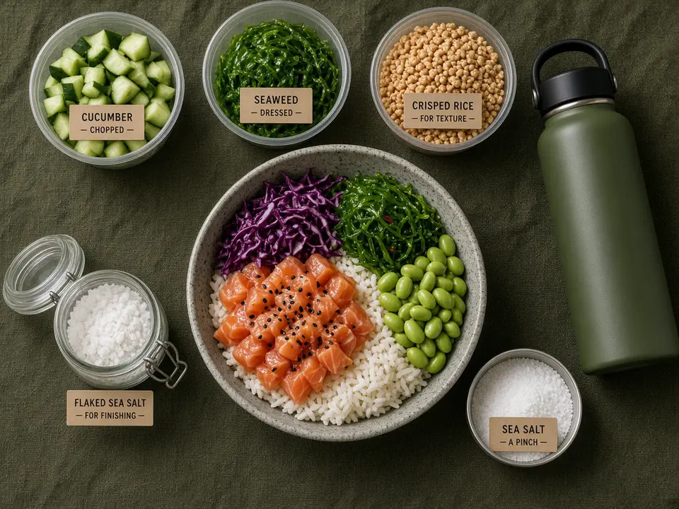 Surf-day kit used as visual evidence for the ingredients-to-macros method: salmon rice bowl with cabbage, seaweed, and edamame, plus labeled cucumber, dressed seaweed, crisped rice, sea salt, and a water bottle on olive canvas