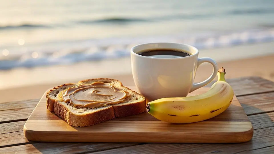 Black coffee, banana and peanut butter toast