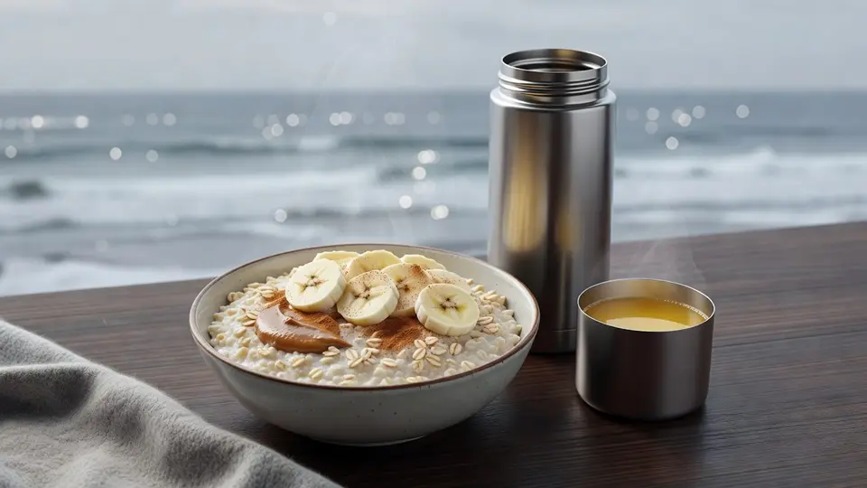 Hot oatmeal with banana and nut butter, thermos and warm broth
