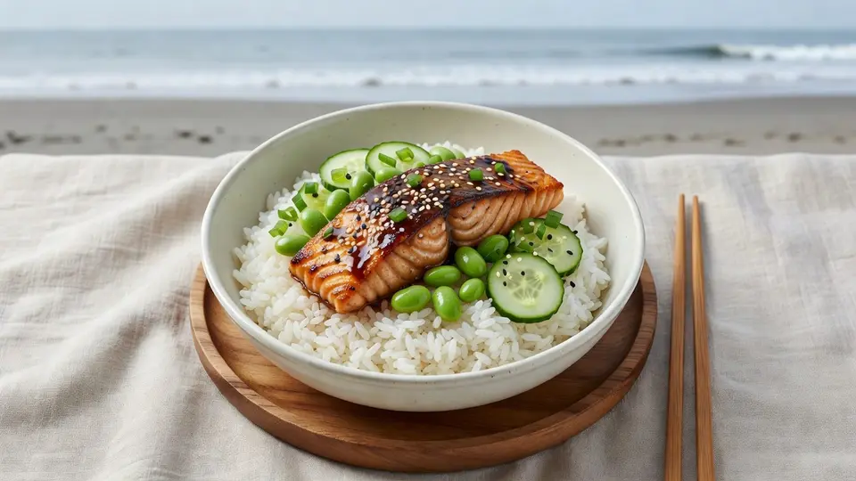 Teriyaki salmon rice bowl with edamame and cucumber