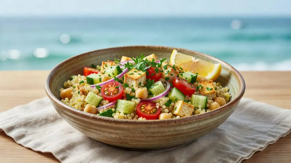 Quinoa salad with chickpeas, tofu, tomato, cucumber and lemon