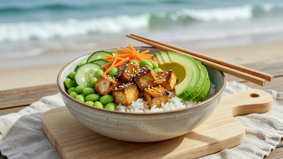 Tofu, edamame and avocado rice bowl